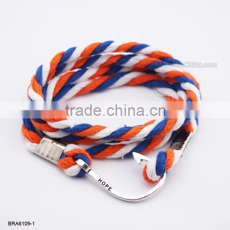 Wholesale Antique Braided Cotton Rope Silver Anchor Charm Bracelet