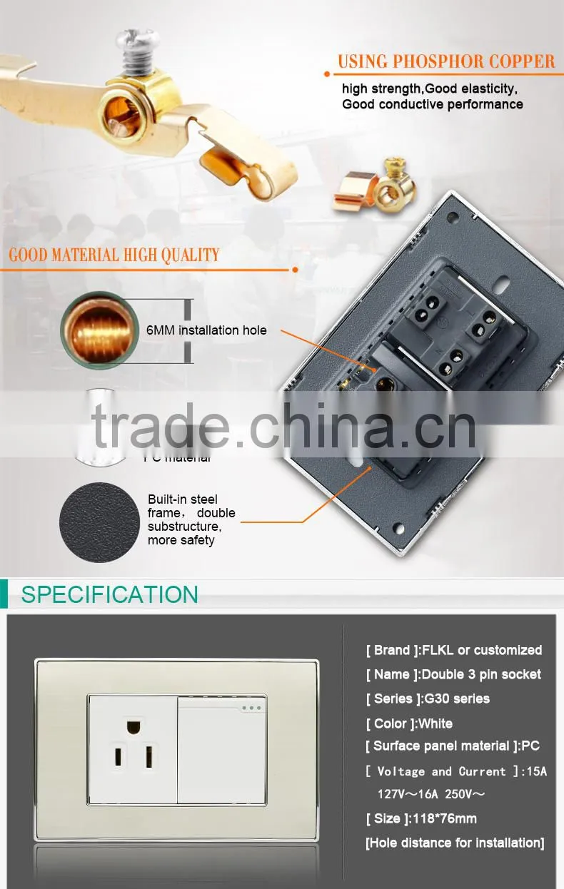 USA wall mount wall 1 gang push button switch with 3 pin socket