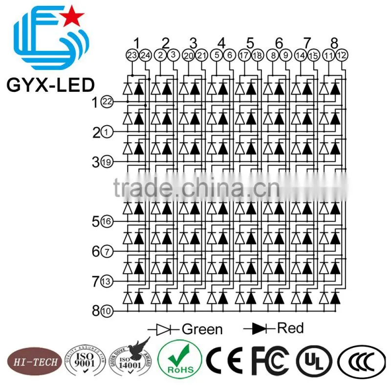 Rohs compliant red and green bi color 8*8 dots LED dot matrix display