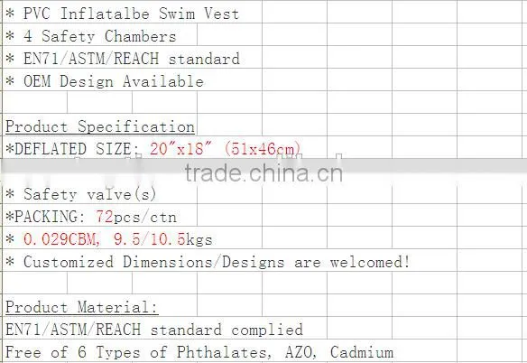 factory sale promotional pvc inflatable children Swim vest/baby life jacket inflatable swim vest