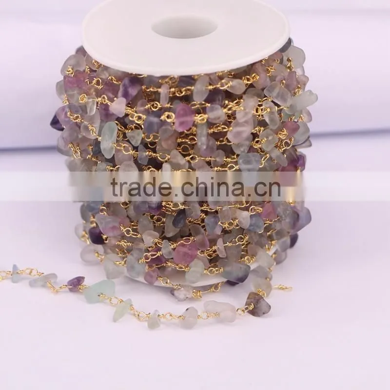 Natural Fluorite Nugget Quartz Chip Bead Rosary Chain, Gold plated Wire Wrapped Chain