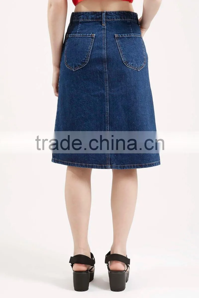 girls knee length Denim skirt open front Button Front Midi length Skirt