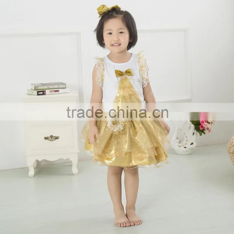 Best selling gold baby dress pictures,girl dresses with bow,children summer flow wholesale lace baby dress