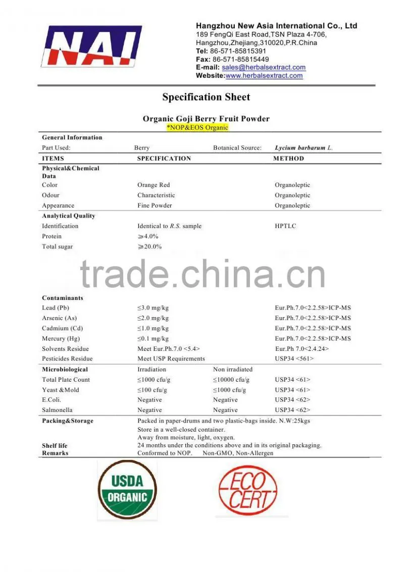 Organic Goji Berry Powder,NOP EOS Organic,100% ID,Non-Irradiation,Low Contaminants of Aflatoxin,PAHs,Heavy Metal