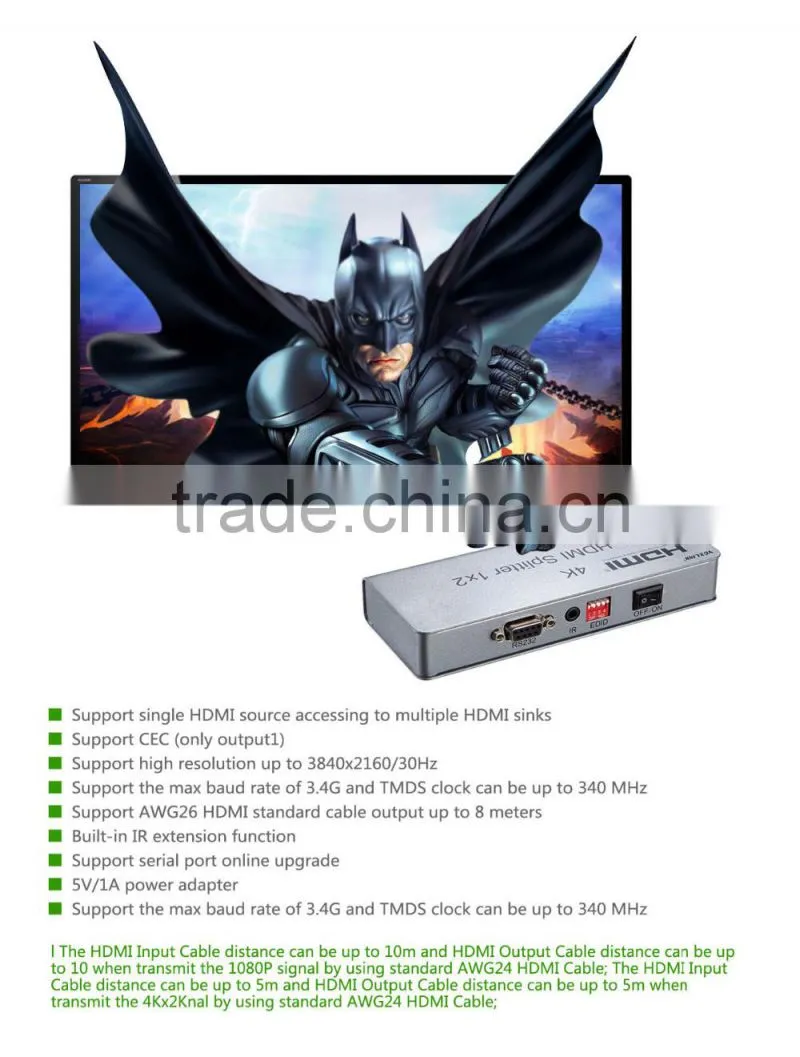 New Arrival 1x2 VOXLINK 4K HDMI splitter UL For HDMI 1.4,HDCP1.4 ,4K,IR extension, EDID management, RS232