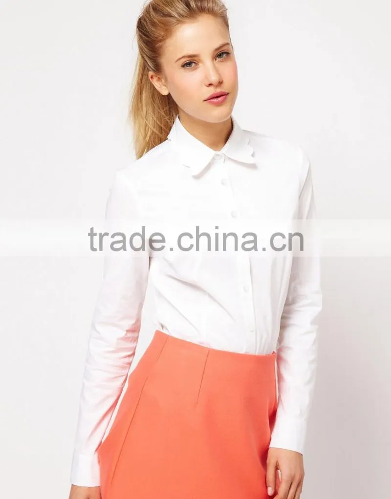 China supplier OEM ODM 2015 customized long sleeve new fashion Scallop Collar White Shirt