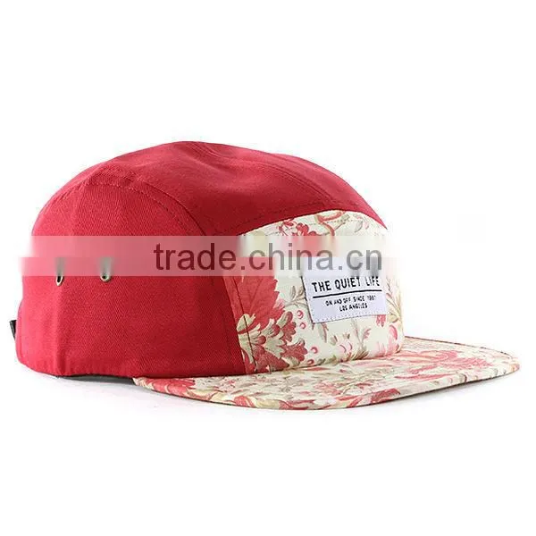 Floral front 5 panel camp cap fashion flat brim custom blank 5 panel camp cap