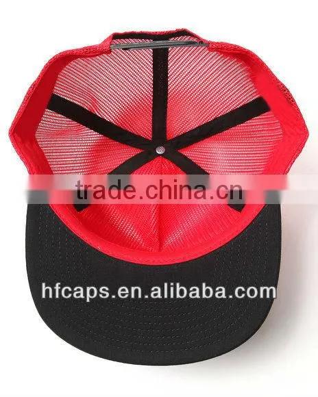 red custom design 6 panel flat bill full plain snapback mesh cap and hat