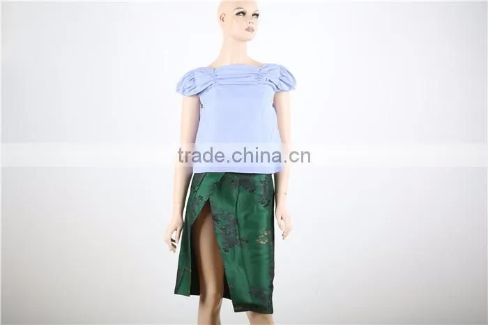short sleeve blue women fashion cutting blouse with side zipper