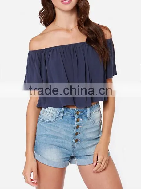 2017 wholesale womens custom off shoulder ruffle top solid color