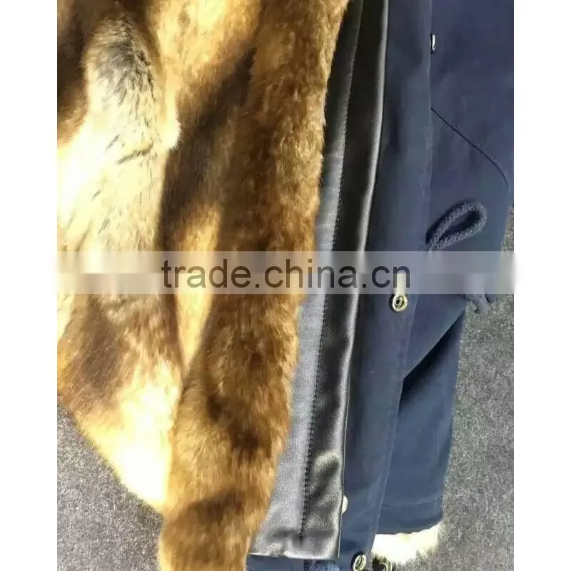 2016 New arrival Dark blue Winter jacket France beading with faux fur apricot lining coats