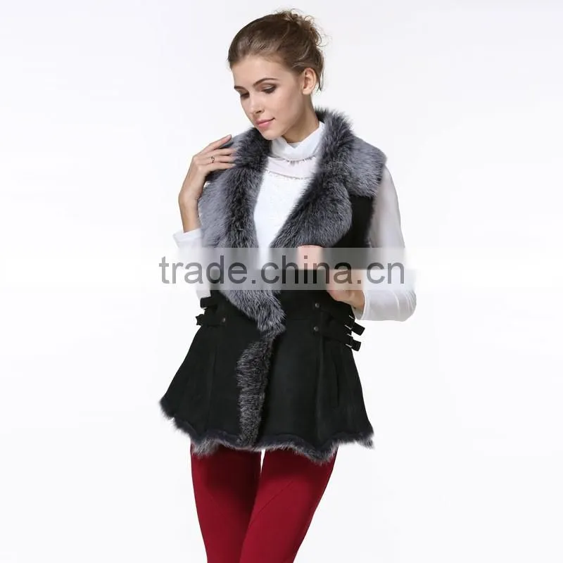 New Arrival 2016 fashion winter black with grey fur leather waistcoat