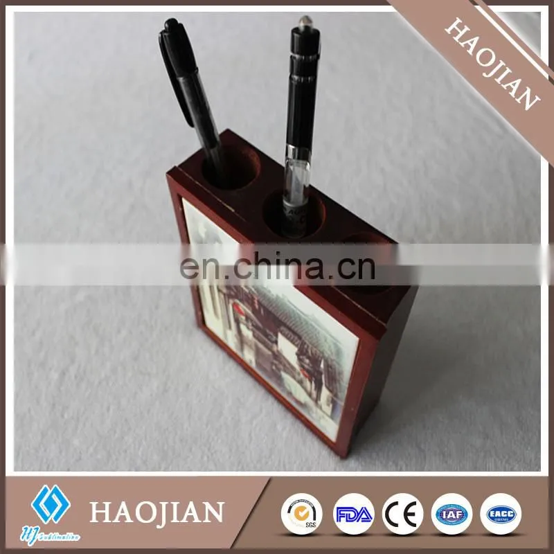 3 round holes wooden pen holder fancy pen holder desktop pen holder with ceramic tile