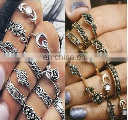 11pcs/set Retro Bohemia Rose Bouquet Jade Flower Totem Knuckle Midi Finger Stacking Ring Jewelry Ring Sets
