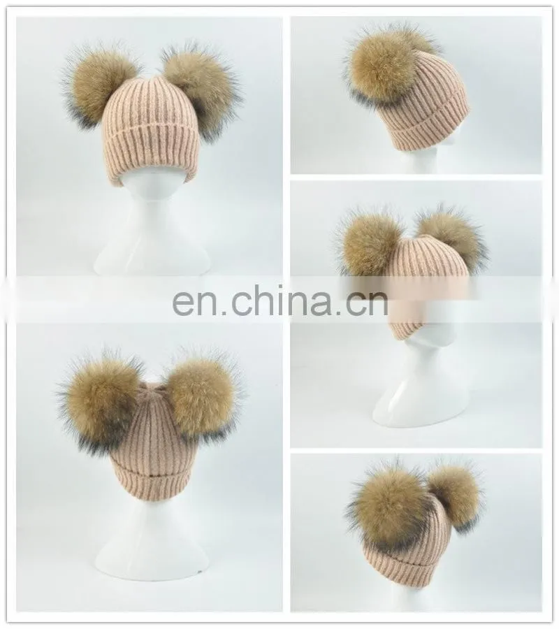 Kids Removable Fur Bobble Hat Winter Double Pom Pom Hat Crochet Kids Hat
