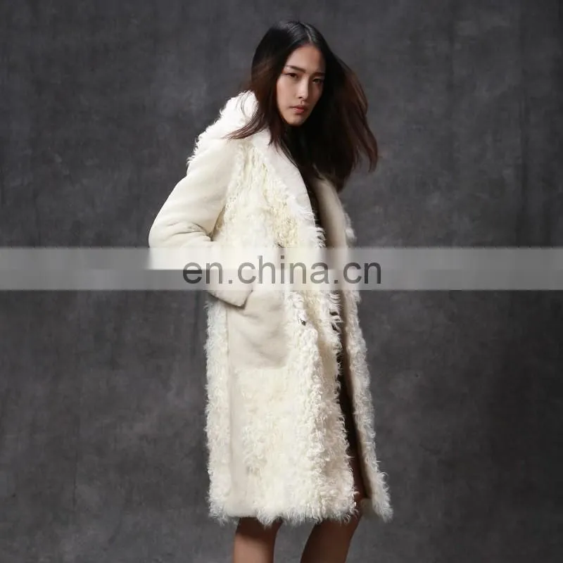 Merino sheep shearling fur coat with lamb fur patchwork style for women
