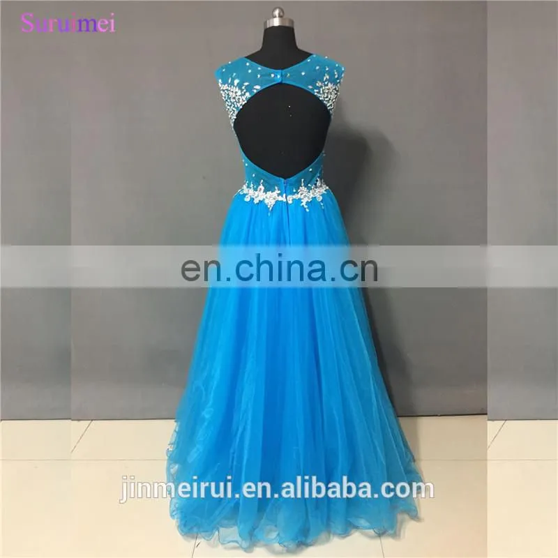 Brilliant Blue Gown High Illusion Neckline Keyhole Open Back Formal Long Prom Dresses Party Evening Dresses 2017 WH579