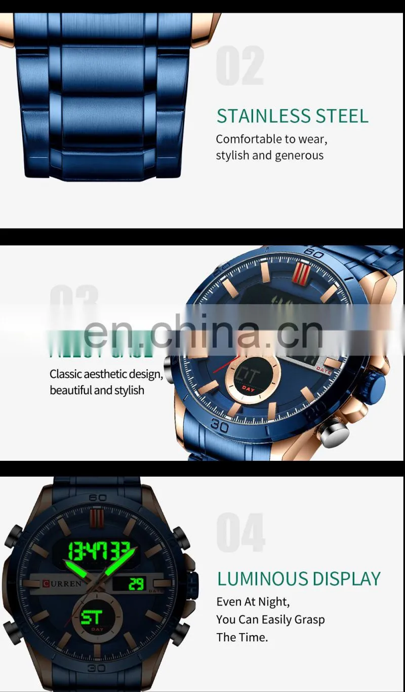 CURREN 8384 Men's Digital Watches Fashion Sport Stainless Steel Chronograph Luminous LED Gold Watch