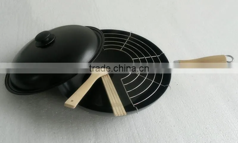 carbon steel non stick wok pan with glass lid and spoon