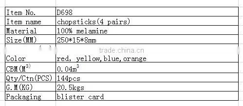 D698 many color chinese style plastic chopsticks(4 pairs)