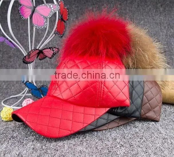 Fashion genuine raccoon fur pompom hat New PU leather baseball snapback cap Unisex woman man hat with real raccoon fur balls