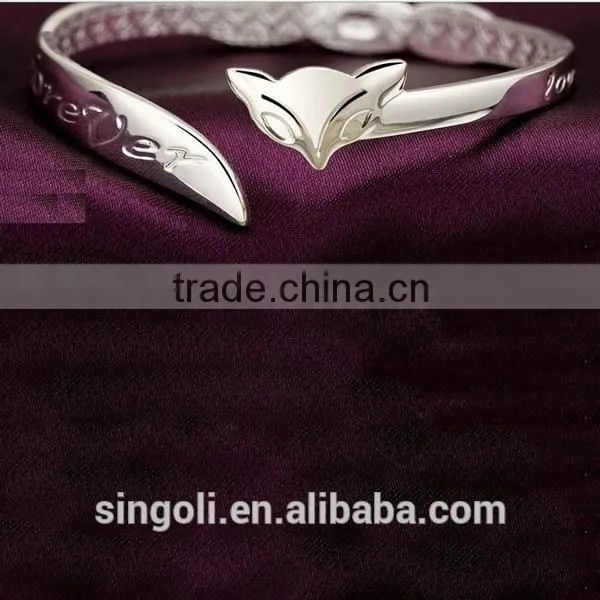 Exquisite silver fox bracelet smart cute fox charm bracelet textured cuff bracelet carved letter bracelet