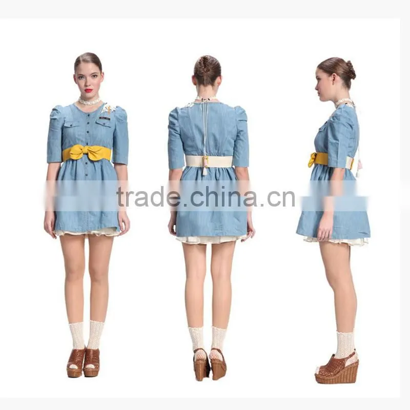 2015 fashion high quality latest designs woman half sleeve denim halter dress /denim and lace dress /prom dress