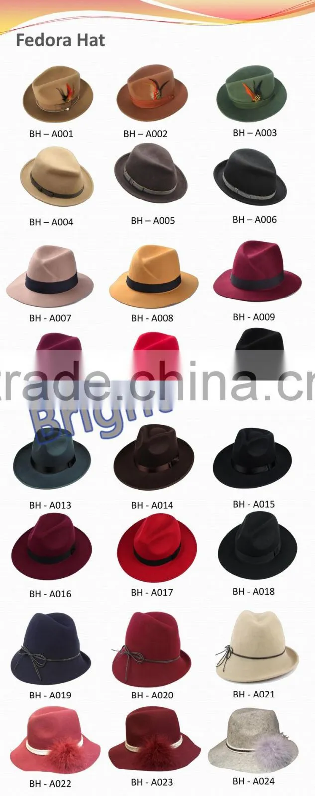 Wool felt hat Fedora hat Cloche hat Bucket hat Floppy hat Cowboy hats Bowler hat Top hat Porkpie hat