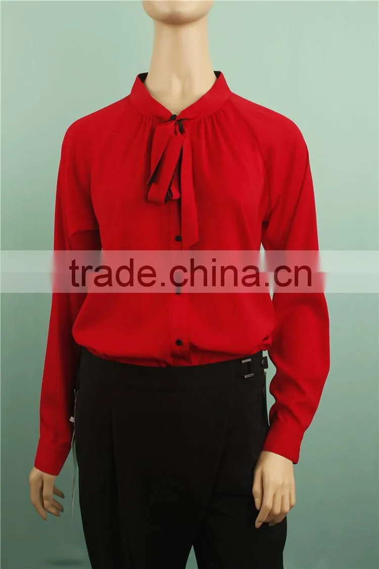 2016 A/W red color bow tie women long sleeve t shirt