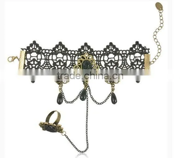 Fashion Gothic Black Cameo Lace Flower Chain Ring Set Vintage Jewelry Bracelet
