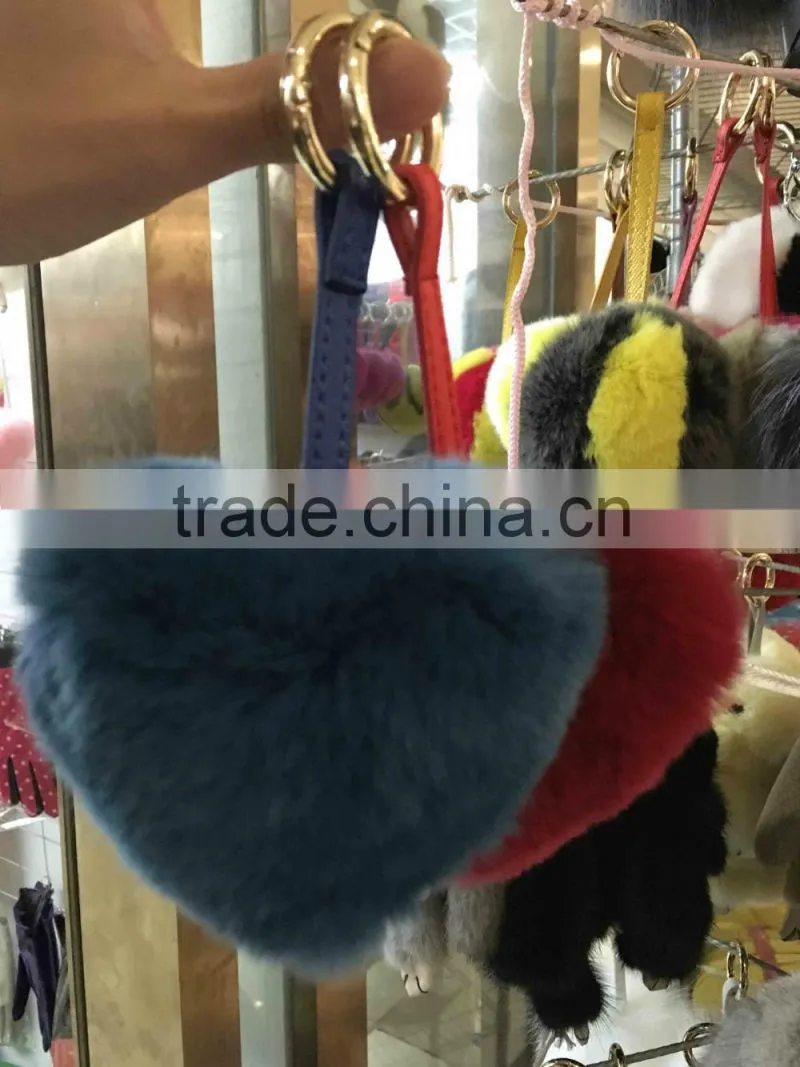 Wholesale price rabbit fur accessories heart-shaped leather keychain fur pompoms