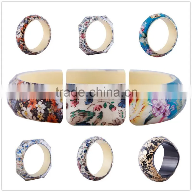 ZHIYA 2016 Series Fashion Clear Resin Bangle cloud effect with Real Dried Yellow chrysanthemum Flowers Gold foil