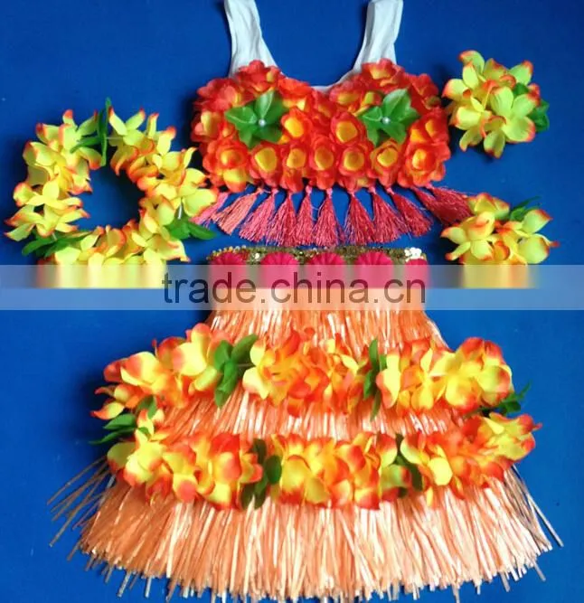 2014 new fashion hawaiian hula skirts with flower trim