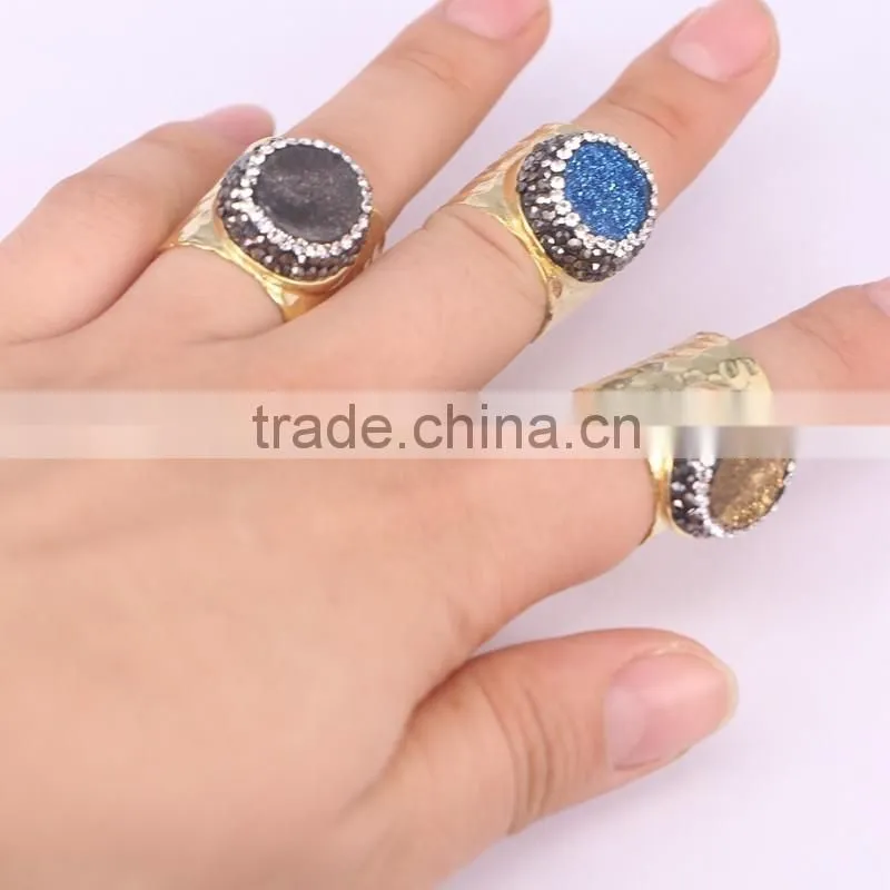 Natural Agate Stone Druzy Rings, Metal Copper Gold Plated Wide Band Crystal Zircon Paved Agate Ring