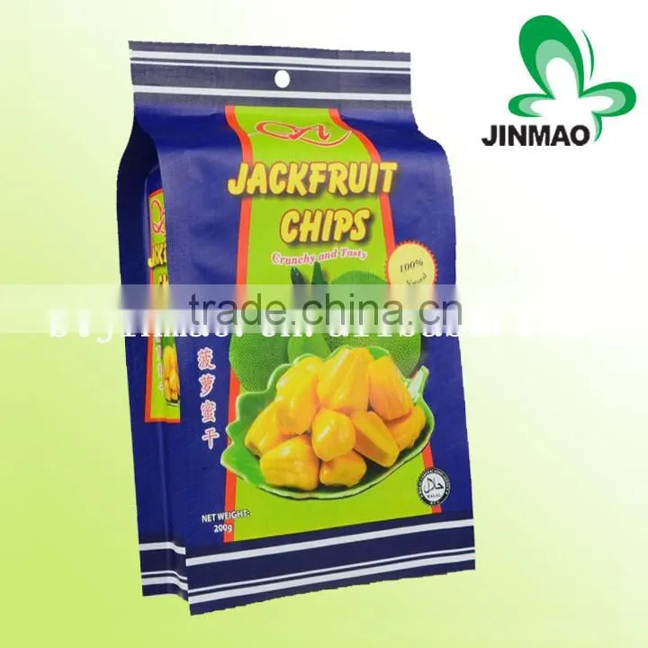 Food industrial use color printing side gusset plastic packaging bag for dried fruit chips with handle hole