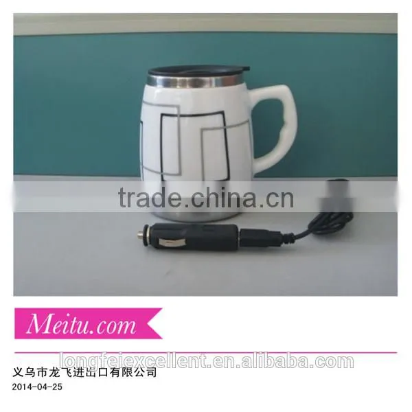 2014 durable electricity ceramic cup white mugs with stainless inside yiwu China wholesale eco-friendly