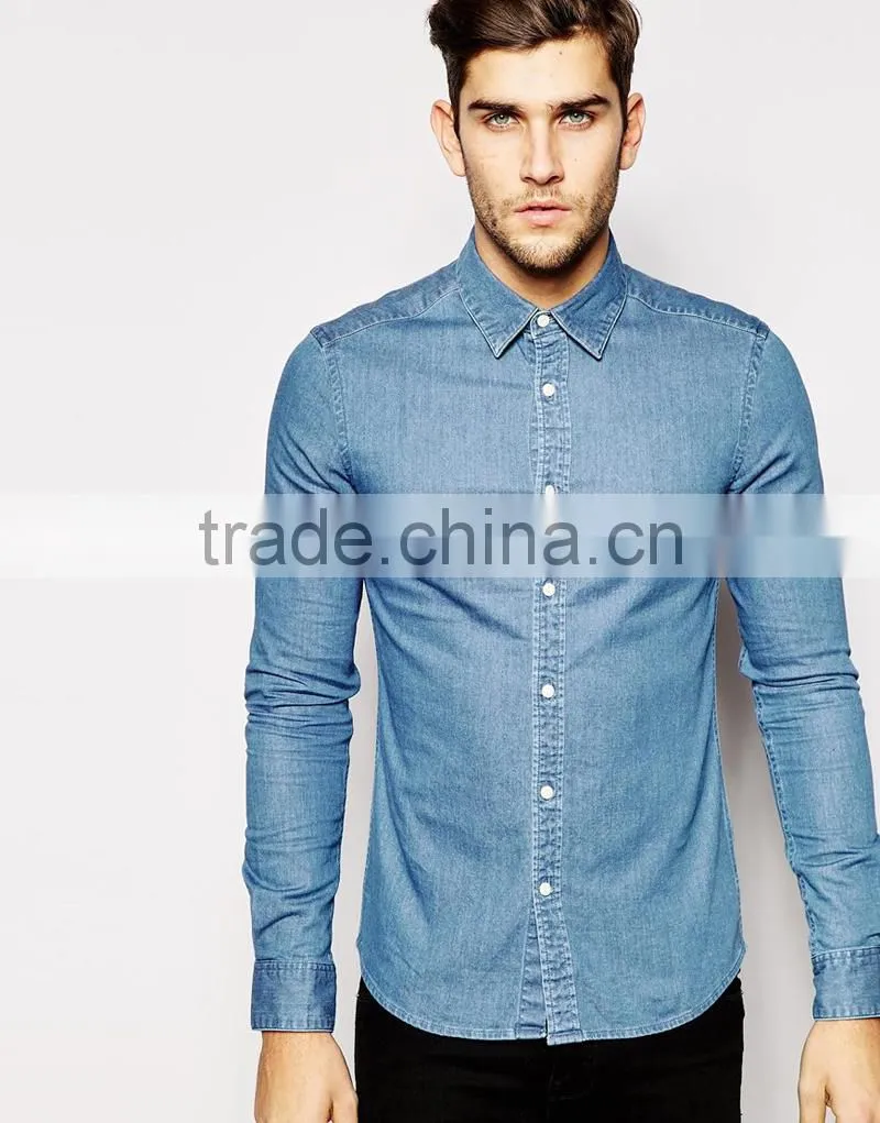Skinny Denim Shirt with Long Sleeves In Mid Wash