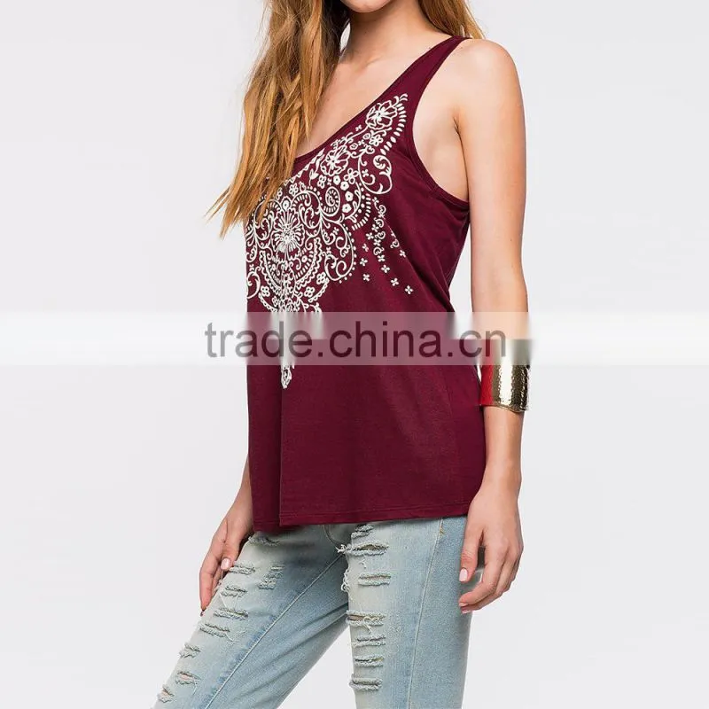 Cotton Tank Top backless hollow printed floral wine red Sold By PC
