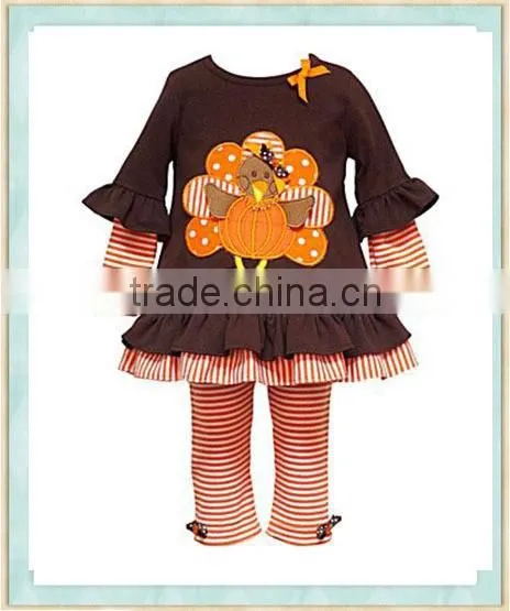 Baby Girls Thanksgiving Day Outfit Brown Top Turkey Appliqued Ruffle Cuff Red White Striped Ruffle Pants