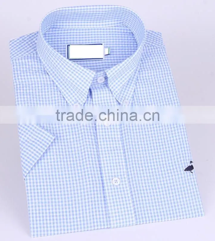 2017 new light blue checks men's short sleeve shirt wholesale