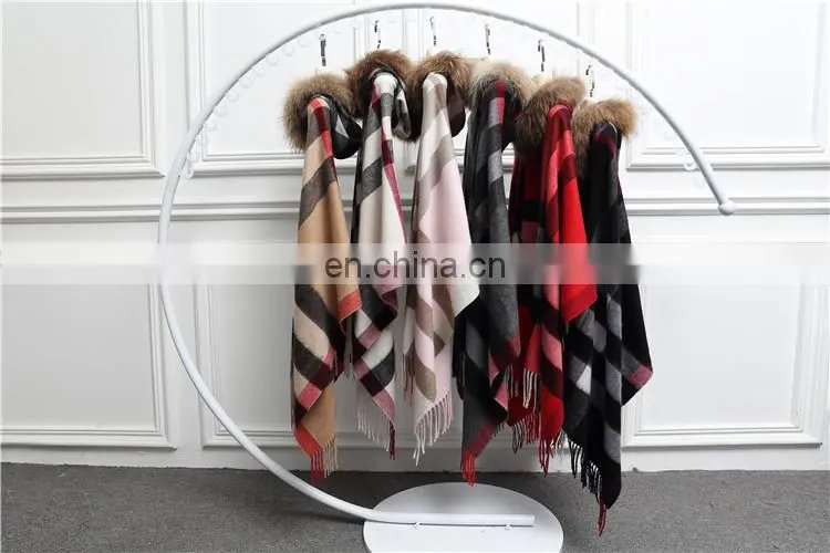 Fashion Women Real Raccoon Fur Hood Shawl Wool Cashmere Scarves Shawls