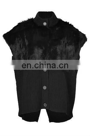 2015 women fashion black wool-blend /rabbit fur oversized vest