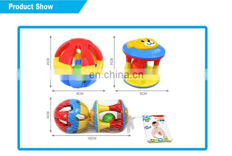 Hot selling plastic funny baby rattle and teether three color ball two-headed bear