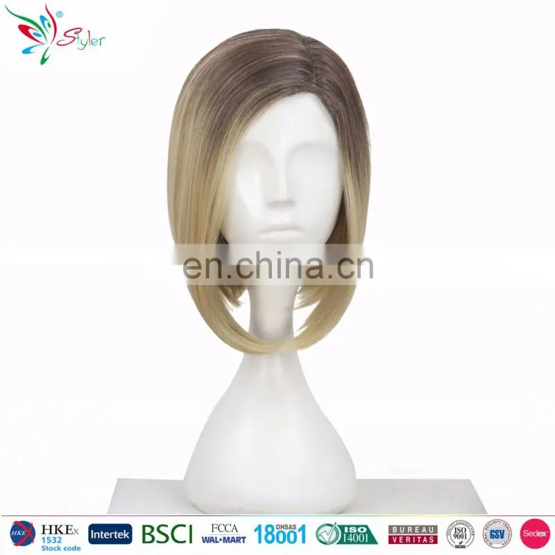 Chinese short brown straight synthetic ladys wigs cheap for small heads