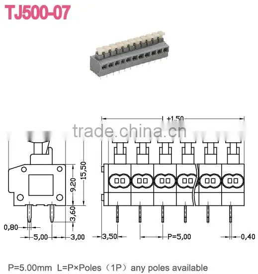 5mm spring wire push connector screwless cable terminal block TJ500-07