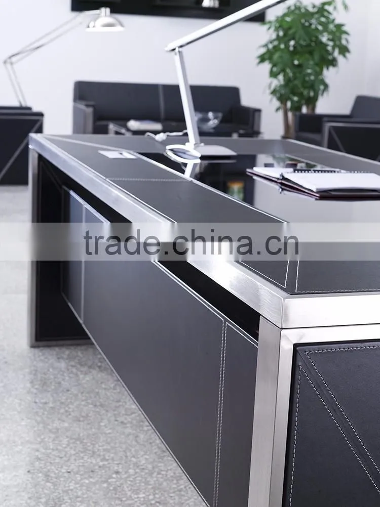 Luxury modern glass top office table design black leather veneer stainless steel frame executive office table and desk