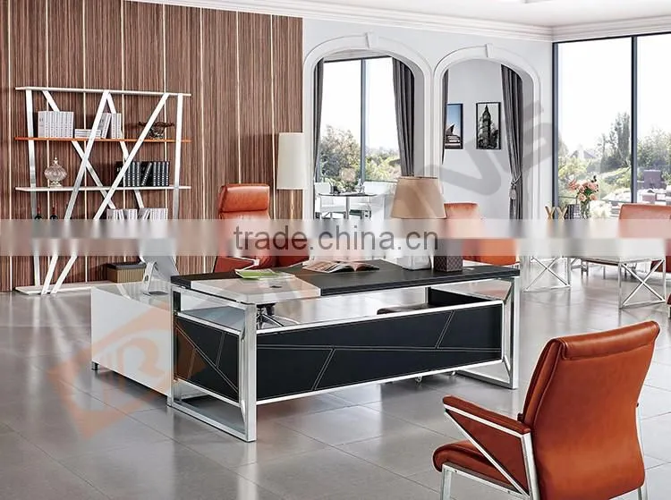 Modern luxury 1.97m stainless steel frame leather covered black office executive desk table with latest design
