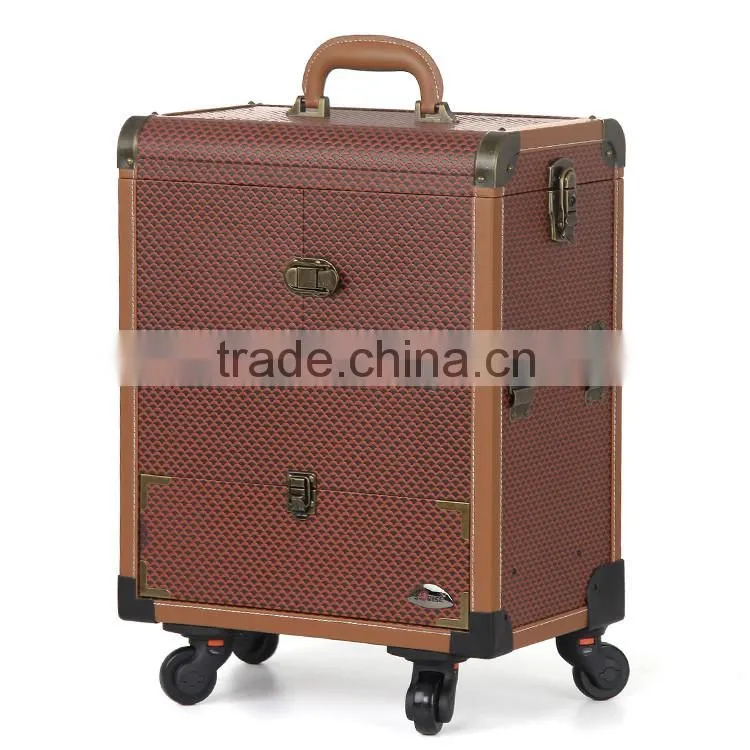 2016 newest design pvc beauty cosmetic makeup trolley case with mirror for beauty salon
