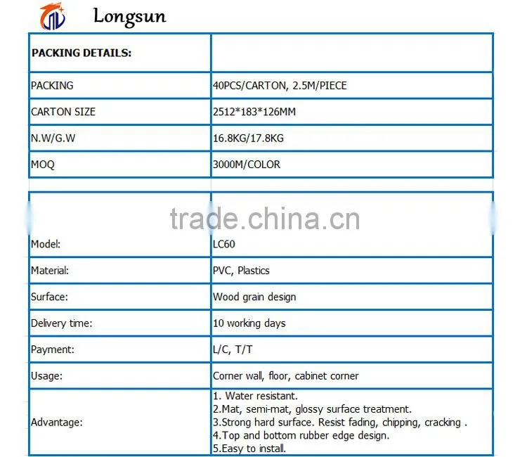 China supplier imitation wood grain flooring trim pvc skirting board