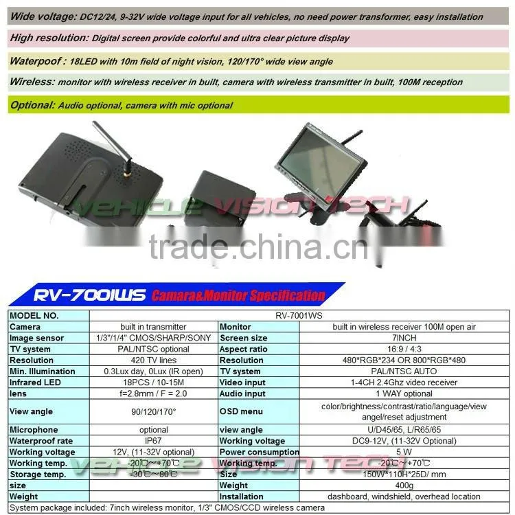 RV-7001WS car wireless camera kit with 7inch TFT LCD screen & wireless CMOS camera